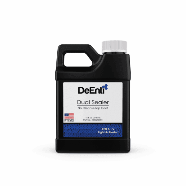 A 16 fl oz (473 ml) black refill jug of DeEnti Dual Sealer, a professional no cleanse top coat.