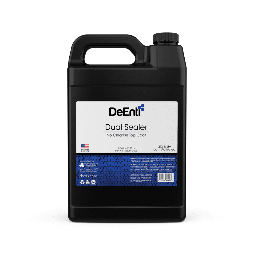 A one-gallon (3.79 L) black jug of DeEnti Dual Sealer No Cleanse Top Coat, the ultimate bulk size for salons.