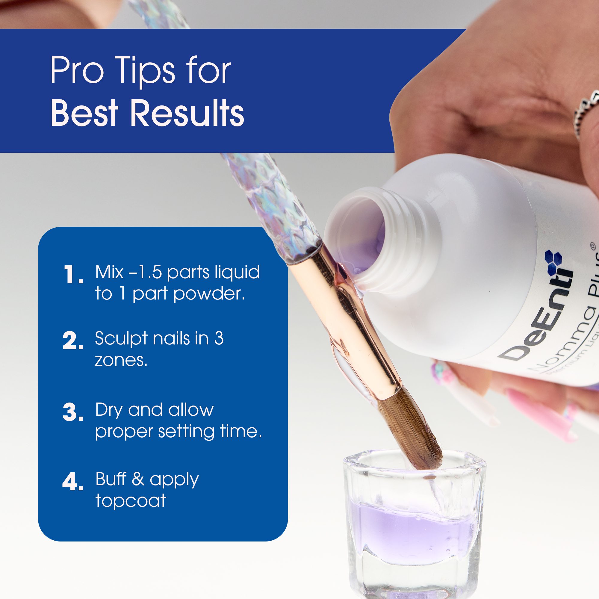 Nomma Plus Acrylic Nail Monomer being poured into a dappen dish, illustrating proper setup with professional usage tips.