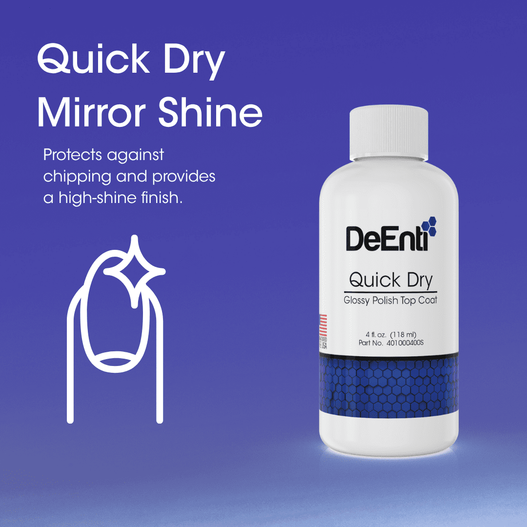 DeENTI Quick Dry Glossy Nail Polish Top Coat in an 8 fl. oz. (236 ml) bottle on a blue gradient background, offering a fast-drying, mirror-shine finish with chip protection. Features a nail icon with sparkle and a "Made in the USA" badge.