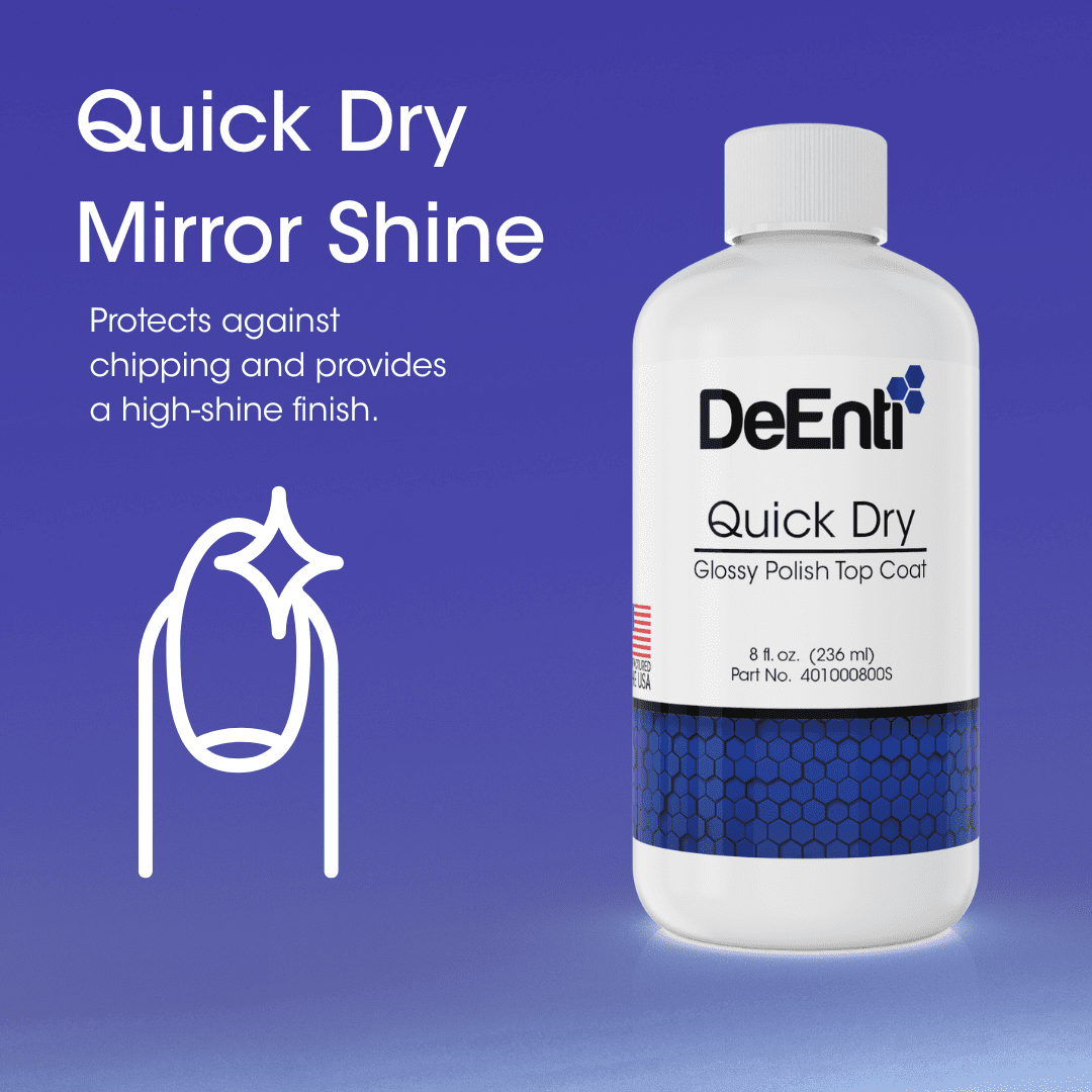 DeENTI Quick Dry Glossy Nail Polish Top Coat in an 8 fl. oz. (236 ml) bottle against a blue gradient background, featuring a fast-drying, high-shine formula that prevents chipping. Includes a nail icon with sparkle and a "Made in the USA" badge