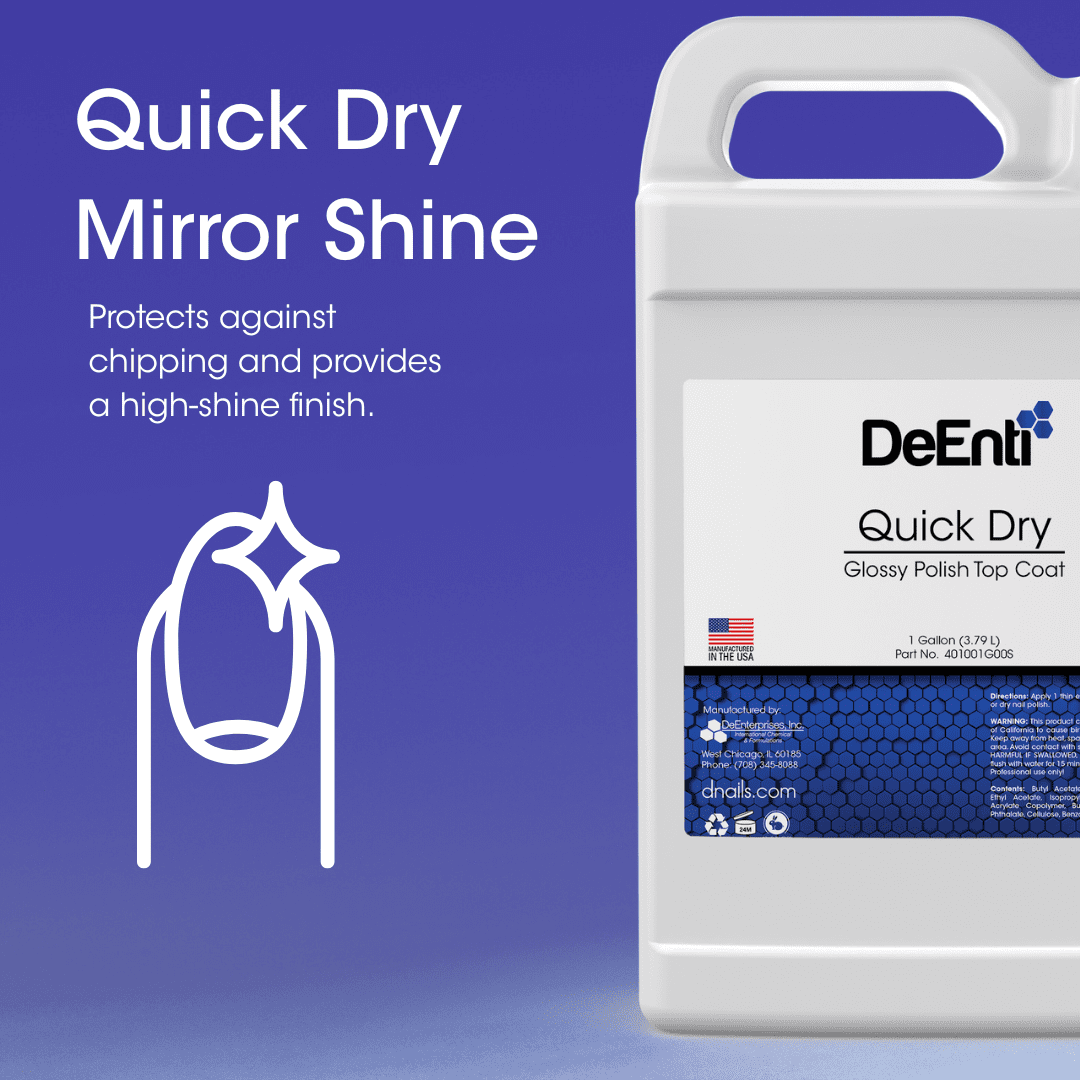 A 1-gallon container of DeENTI Quick Dry Glossy Polish Top Coat sits against a blue gradient background. The label reads "Quick Dry Mirror Shine" and mentions protection against chipping with a high-shine finish. A stylized nail icon with a sparkle is displayed on the left.