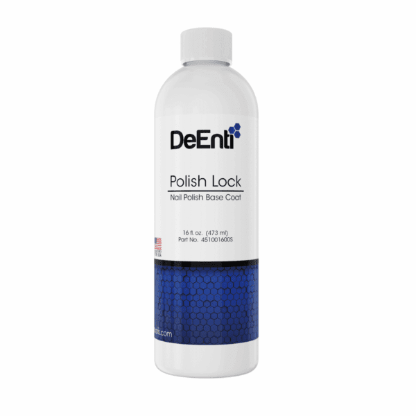 DeEnti Premium Base Coat 16 fl. oz. bottle with clear liquid, white cap, and sleek packaging on a clean white background.