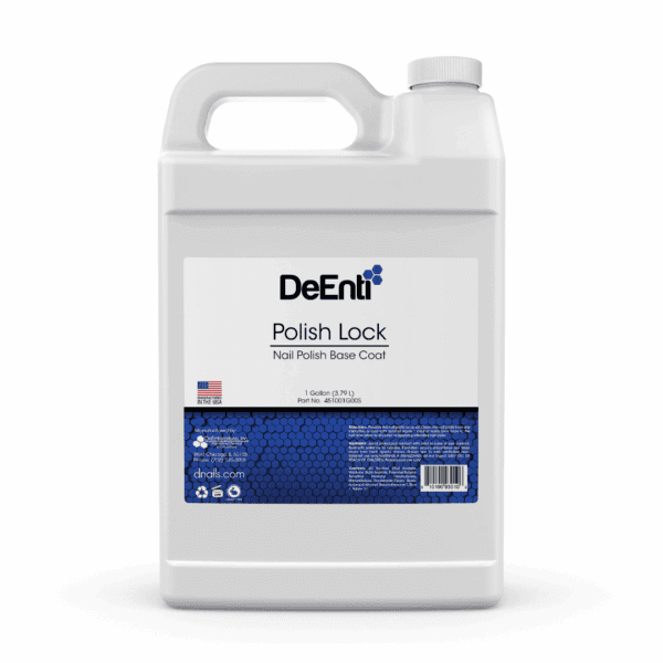 DeEnti Polish Lock Nail Polish Base Coat 1-gallon jug with white cap and handle, displaying a label with product details, "Made in USA" flag, and DeEnterprises contact information on a white background.