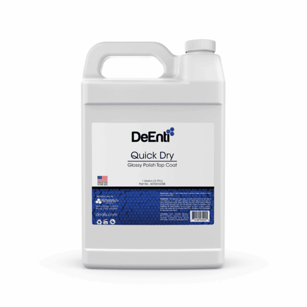 A 1-gallon container of DeENTI Quick Dry Glossy Polish Top Coat is shown against a white background. The label displays the DeENTI logo, product name, size (1 gallon, 3.79 L), and part number (401001G005), along with a "Made in the USA" badge and contact information for DeENTI.