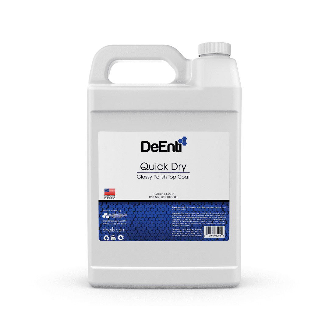 A 1-gallon container of DeENTI Quick Dry Glossy Polish Top Coat is shown against a white background. The label displays the DeENTI logo, product name, size (1 gallon, 3.79 L), and part number (401001G005), along with a "Made in the USA" badge and contact information for DeENTI.