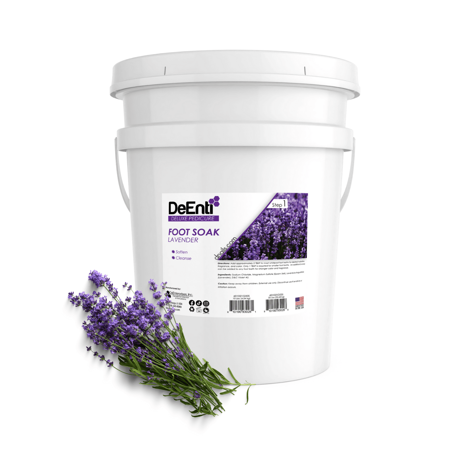 A 20kg bulk pail of DeEnti Lavender Foot Soak, the economical choice for professional spas offering relaxing pedicure treatments.