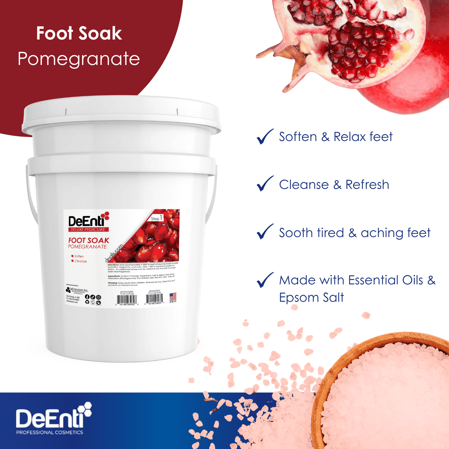 An infographic for DeEnti Pomegranate Foot Soak listing four key benefits: Soften & Relax feet, Cleanse & Refresh, Soothe tired & aching feet, and Made with Essential Oils & Epsom Salt.
