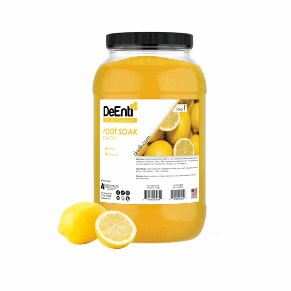 A 10 lbs professional jar of DeEnti Lemon Foot Soak, with bright yellow bath salt crystals and fresh whole lemons next to it.