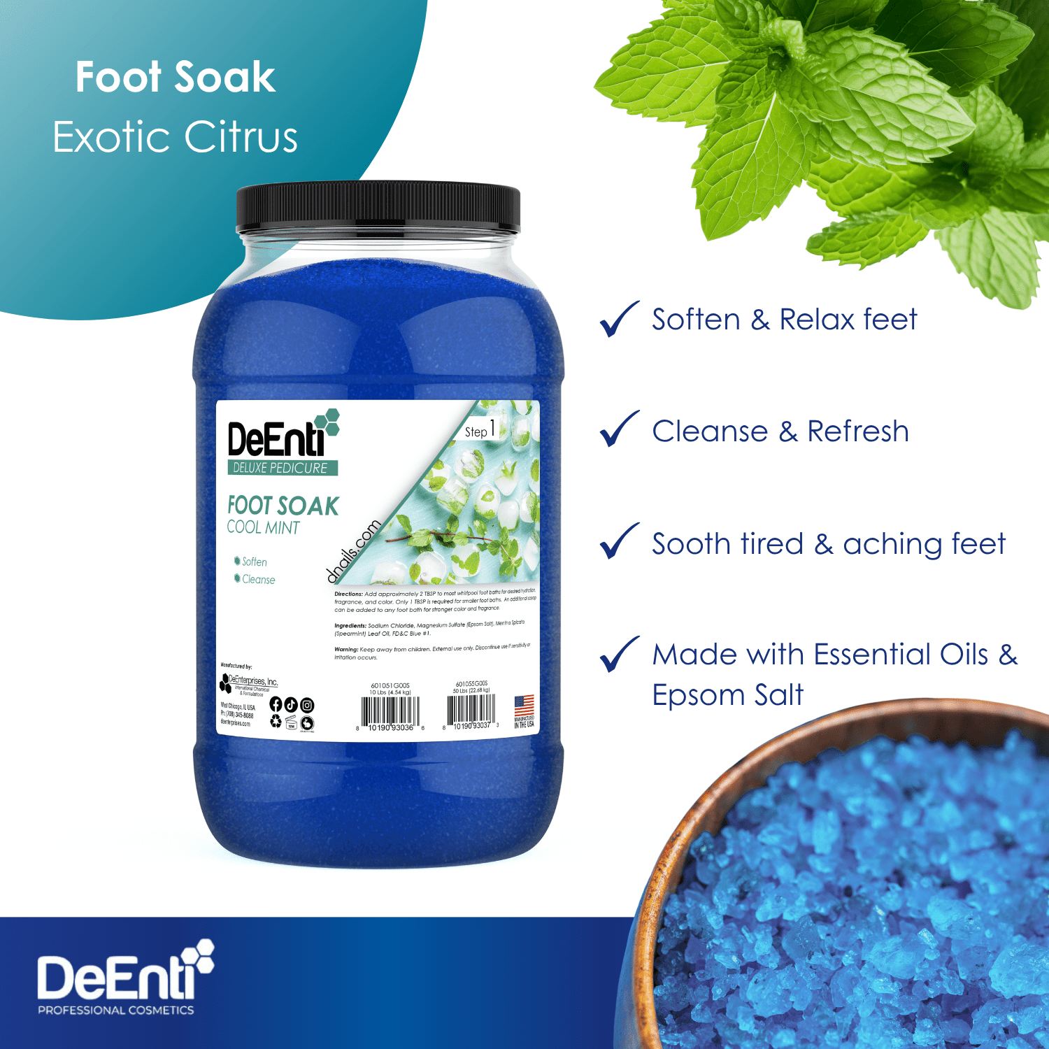 An infographic for DeEnti Cool Mint Foot Soak listing four key benefits: Soften & Relax feet, Cleanse & Refresh, Soothe tired & aching feet, and Made with Essential Oils & Epsom Salt.