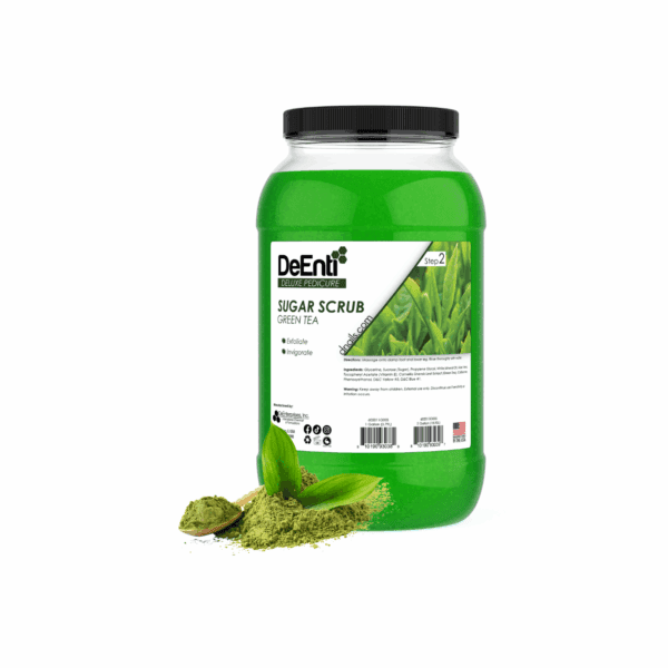 1-gallon clear jar of vibrant green DeEnti Green Tea Sugar Scrub, a product for deluxe pedicures to exfoliate and invigorate the skin.