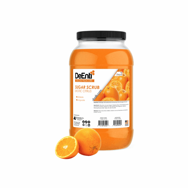 A 1-gallon clear jar filled with vibrant orange DeEnti Exotic Citrus Sugar Scrub, an exfoliating product for a refreshing pedicure, shown with a sliced orange.