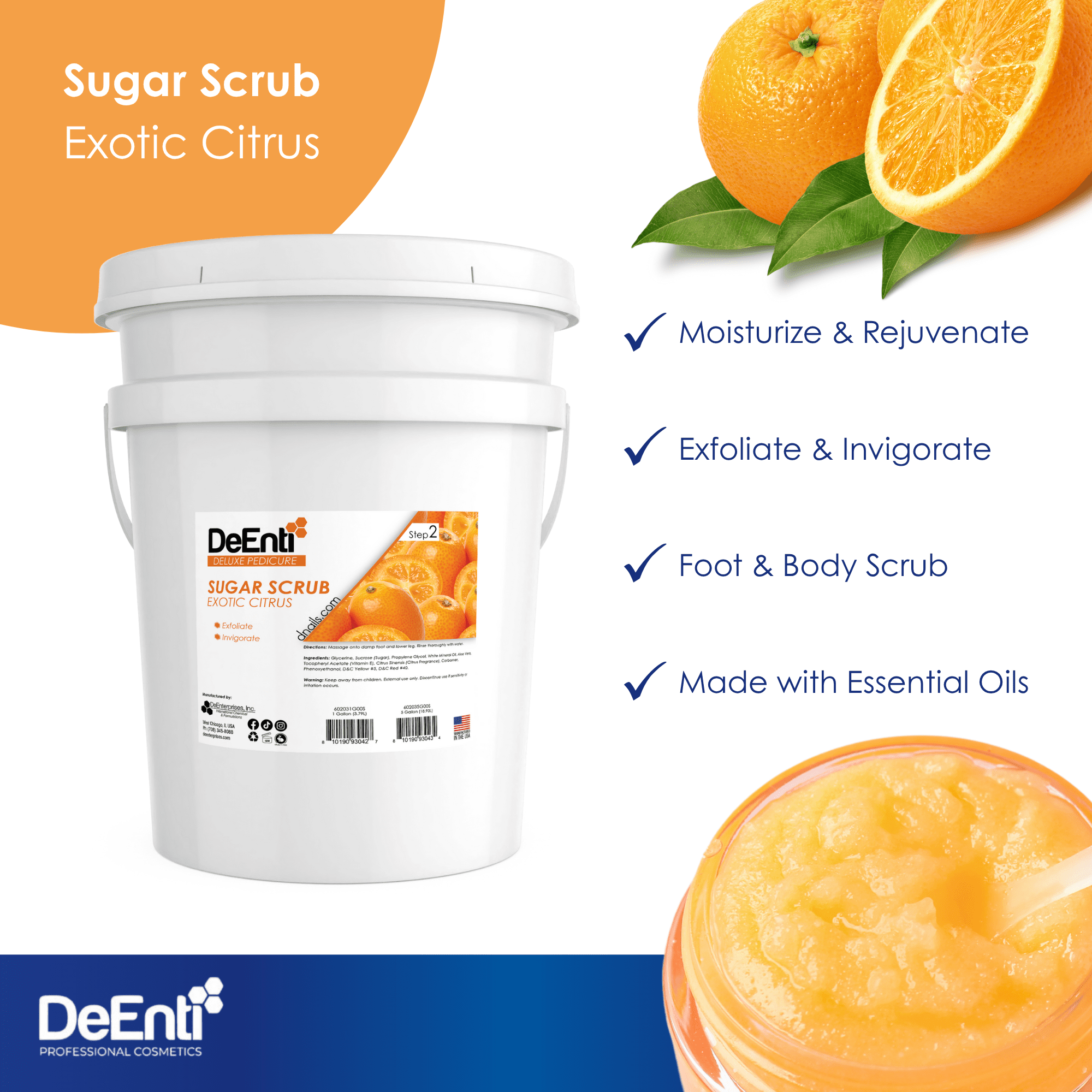 The 5-gallon pail of DeEnti Exotic Citrus Sugar Scrub highlighting four key benefits: Moisturize & Rejuvenate, Exfoliate & Invigorate, Foot & Body Scrub, and Made with Essential Oils.