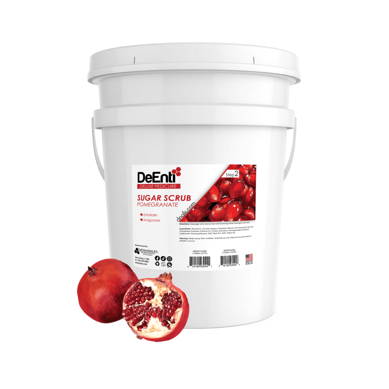 A 5-gallon professional pail of DeEnti Pomegranate Sugar Scrub for anti-aging deluxe pedicures, shown with a fresh, open pomegranate in the foreground.