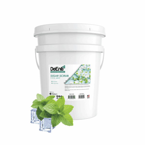 A 5-gallon professional pail of DeEnti Cool Mint Sugar Scrub for soothing deluxe pedicures, displayed with fresh mint leaves and ice cubes.