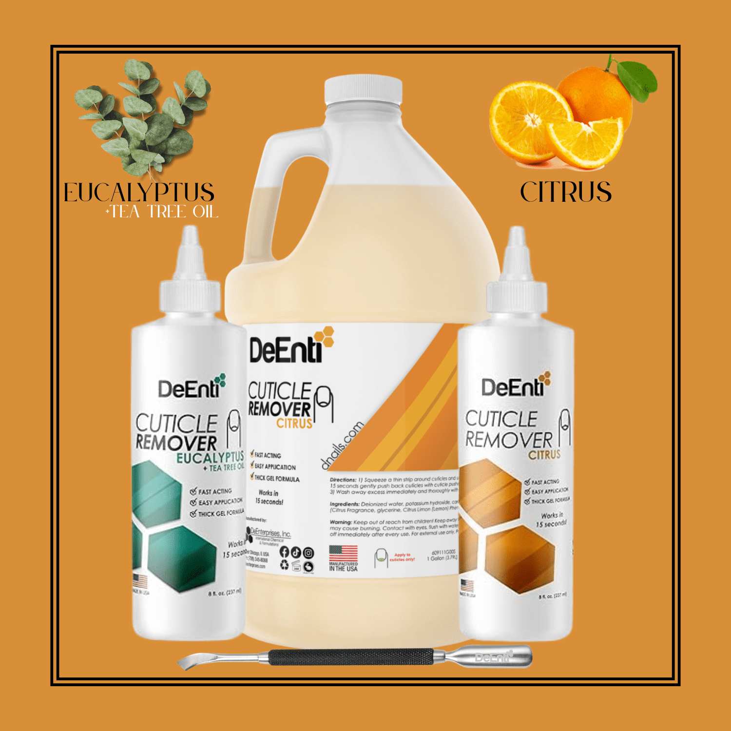 Size comparison of DeEnti Cuticle Remover, showing the 8 fl. oz. personal bottle next to the large 1 Gallon professional jug.