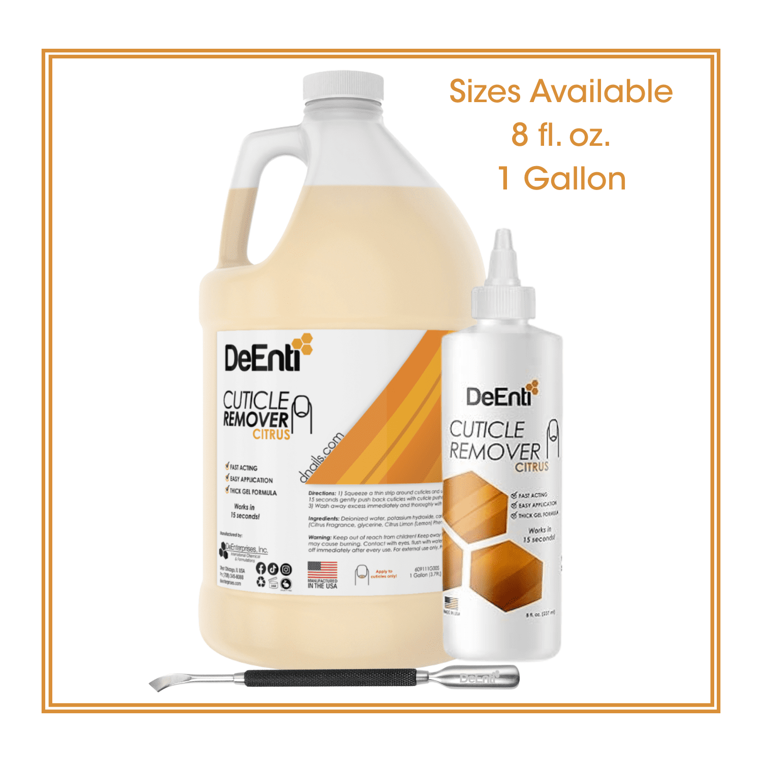 Size comparison of DeEnti Cuticle Remover, showing the 8 fl. oz. personal bottle next to the large 1 Gallon professional jug.