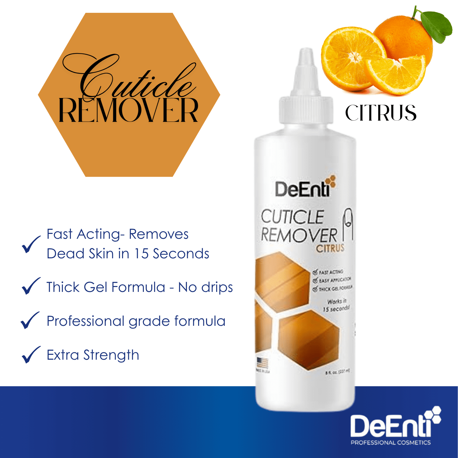 Infographic for DeEnti Citrus Cuticle Remover highlighting four key benefits with checkmarks: Fast Acting, Thick Gel Formula, Professional Grade, and Extra Strength.