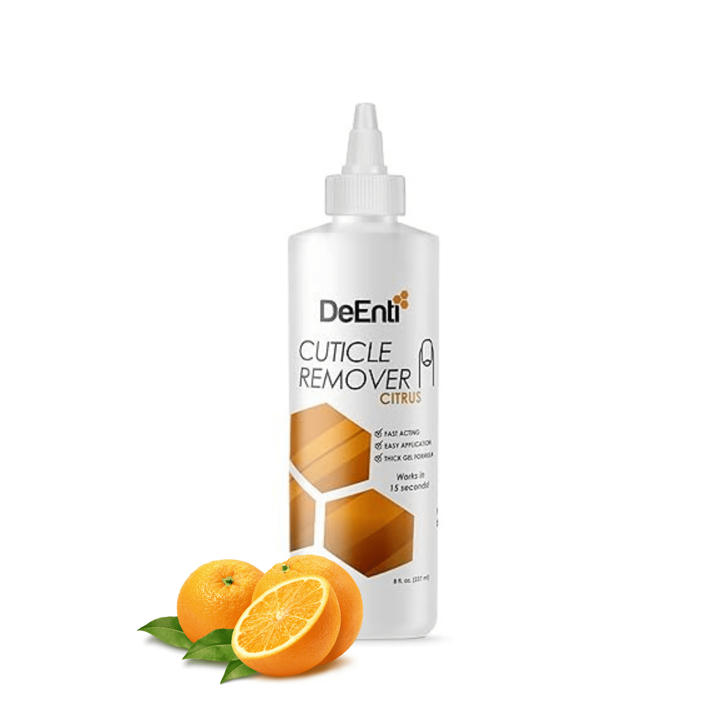 An 8 oz bottle of DeEnti Citrus Cuticle Remover displayed next to a fresh, sliced orange to highlight its fragrance.