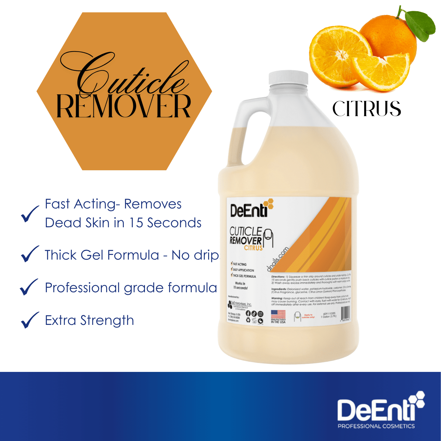 Infographic for DeEnti Citrus Cuticle Remover highlighting four key benefits with checkmarks: Fast Acting, Thick Gel Formula, Professional Grade, and Extra Strength.
