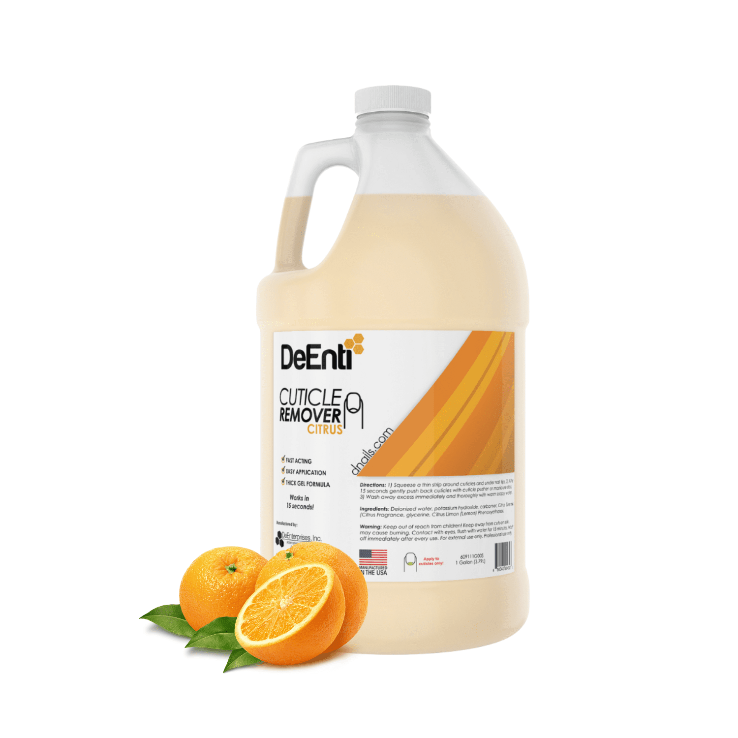 A 1-gallon professional jug of DeEnti Citrus Cuticle Remover shown next to bright, fresh oranges.
