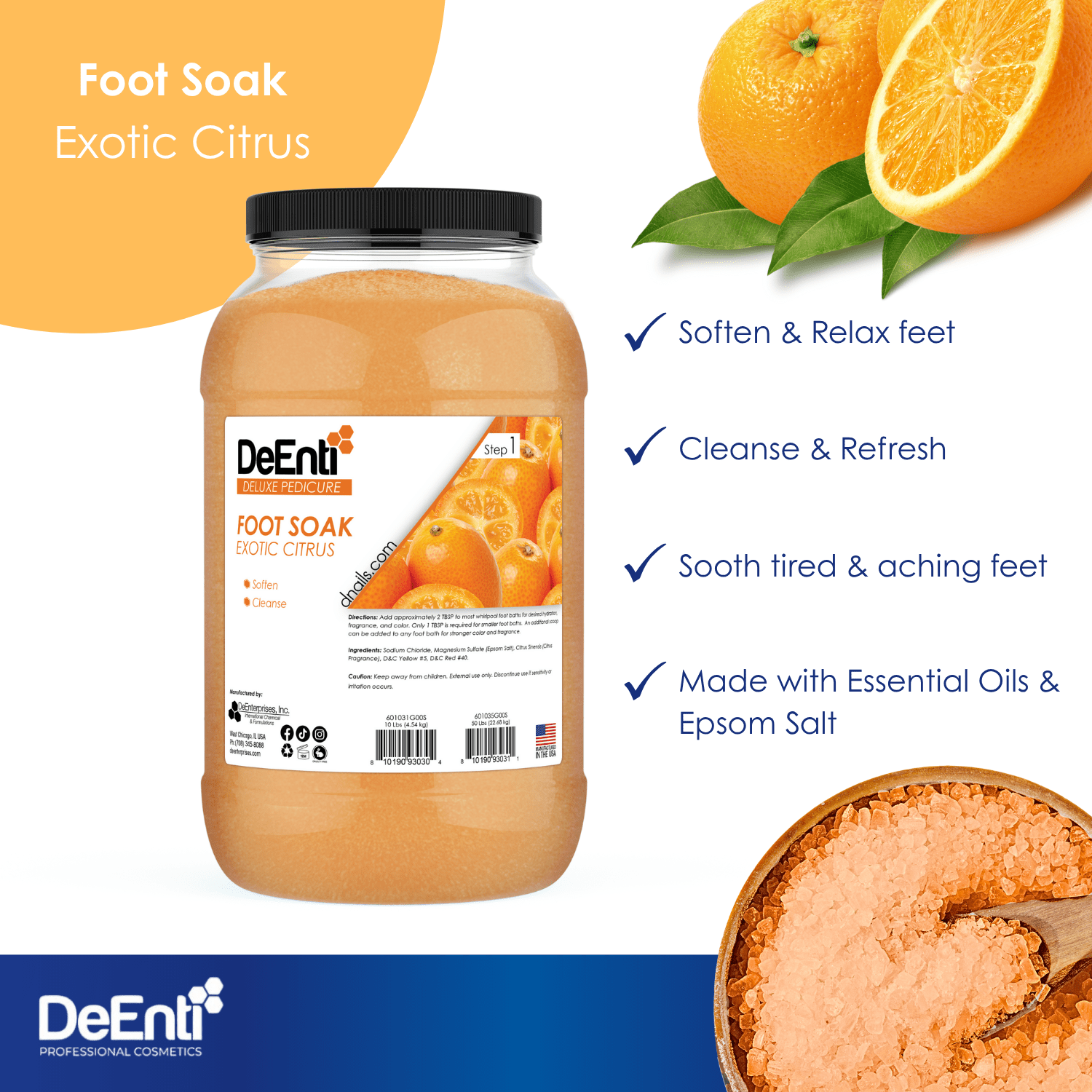An infographic for DeEnti Exotic Citrus Foot Soak listing four key benefits: Soften & Relax feet, Cleanse & Refresh, Soothe tired & aching feet, and Made with Essential Oils & Epsom Salt.