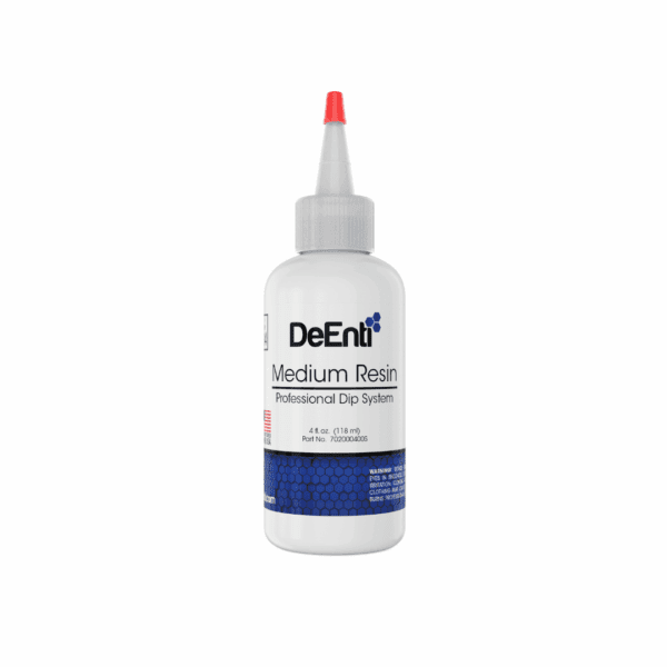 A 4 fl oz (118 ml) white refill bottle of DeEnti Medium Resin with a red precision tip, part of the Professional Dip System.