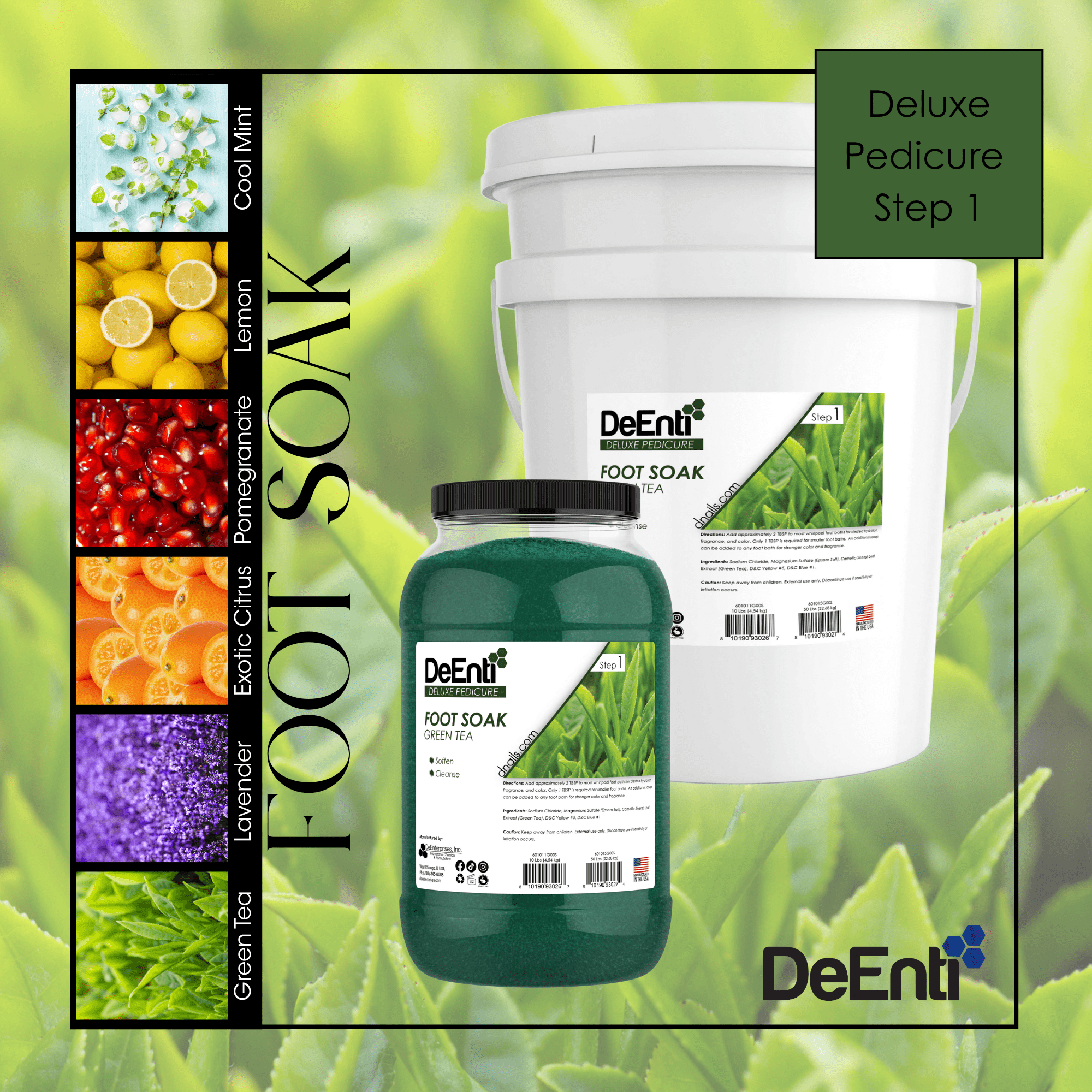 Fragrance options for DeEnti Deluxe Pedicure Foot Soak, including Green Tea, Lavender, Lemon, Pomegranate, and more, shown with the product containers.