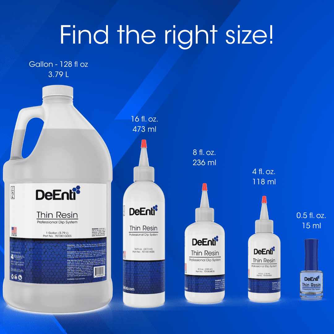 The complete product line of DeEnti Thin Resin, displaying the gallon, 16 oz, 8 oz, 4 oz, and 0.5 oz bottles for dip nail base coats.