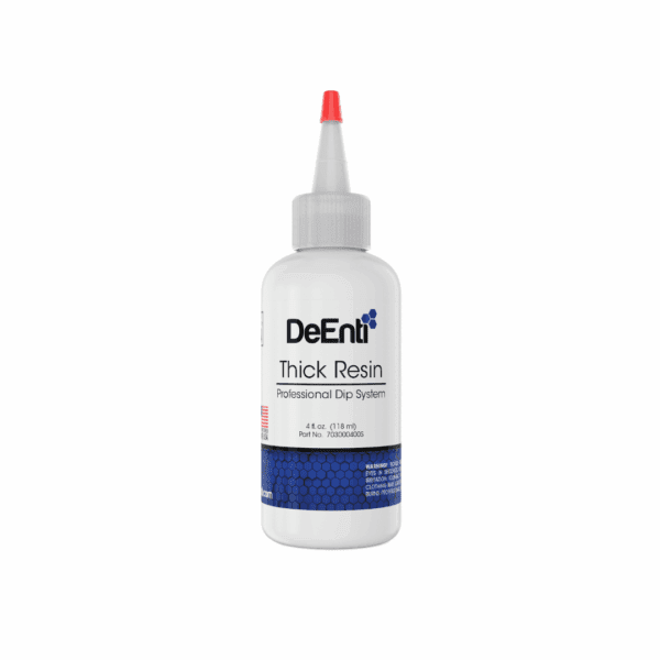 A 4 fl oz (118 ml) white refill bottle of DeEnti Thick Resin with a precision tip, designed as a dip top coat.
