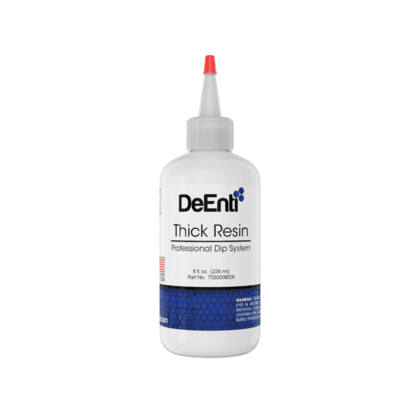 An 8 fl oz (236 ml) professional salon refill bottle of DeEnti Thick Resin for a durable, glossy dip top coat.