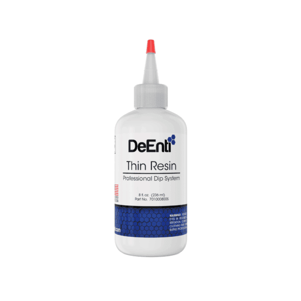 An 8 fl oz (236 ml) professional salon refill bottle of DeEnti Thin Resin for a lightweight and strong dip base coat.