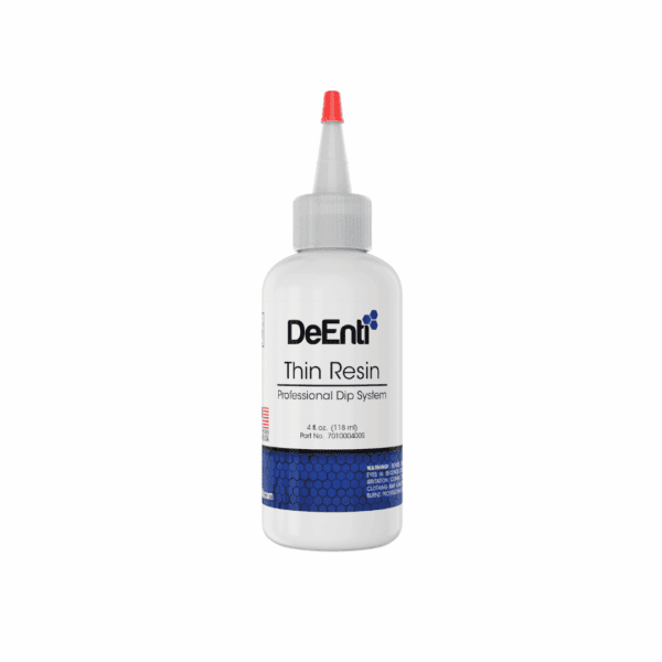 A 4 fl oz (118 ml) white refill bottle of DeEnti Thin Resin with a precision tip, designed as a dip system base coat.