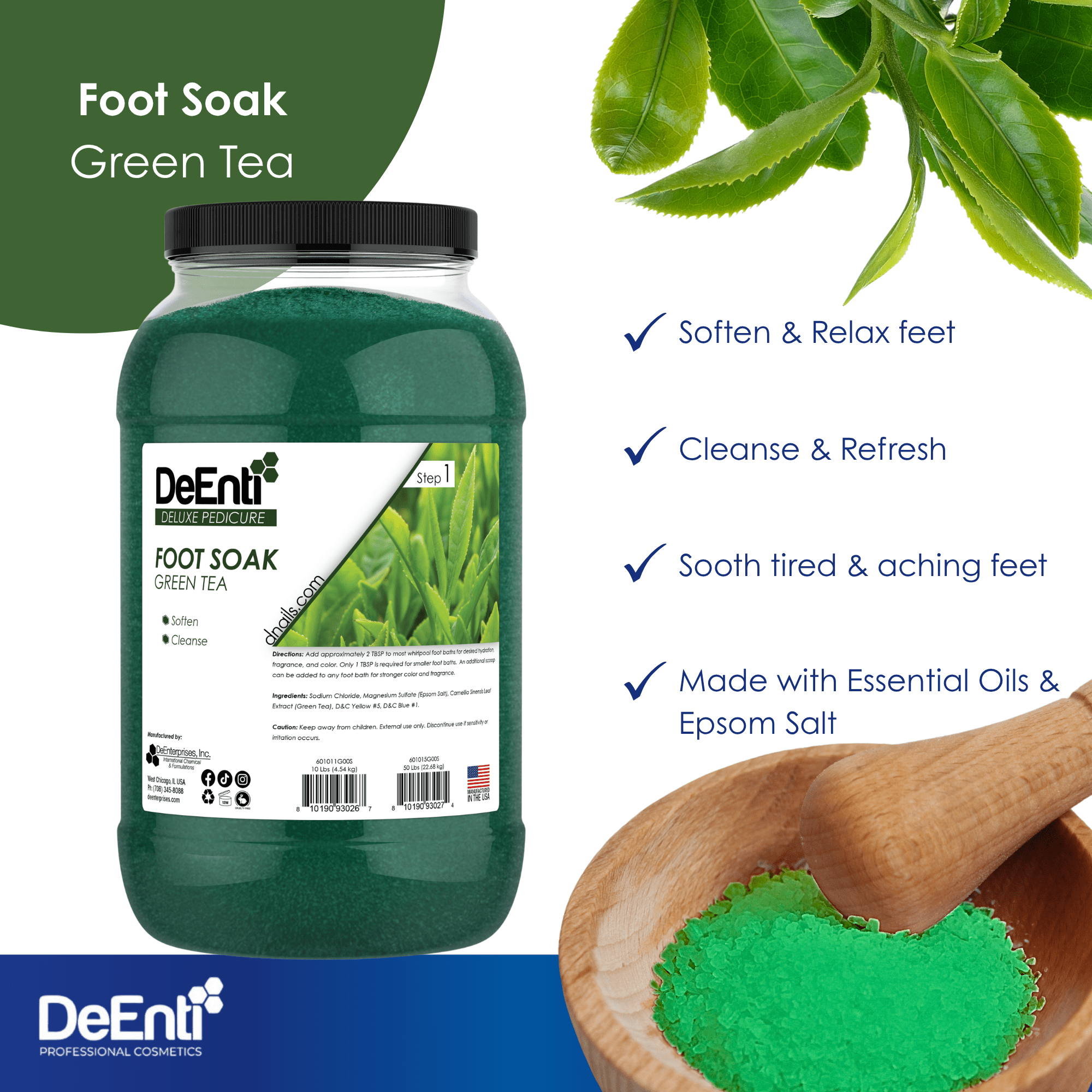 An infographic for DeEnti Green Tea Foot Soak highlighting four key benefits: Soften & Relax feet, Cleanse & Refresh, Sooth tired & aching feet, and Made with Essential Oils & Epsom Salt.