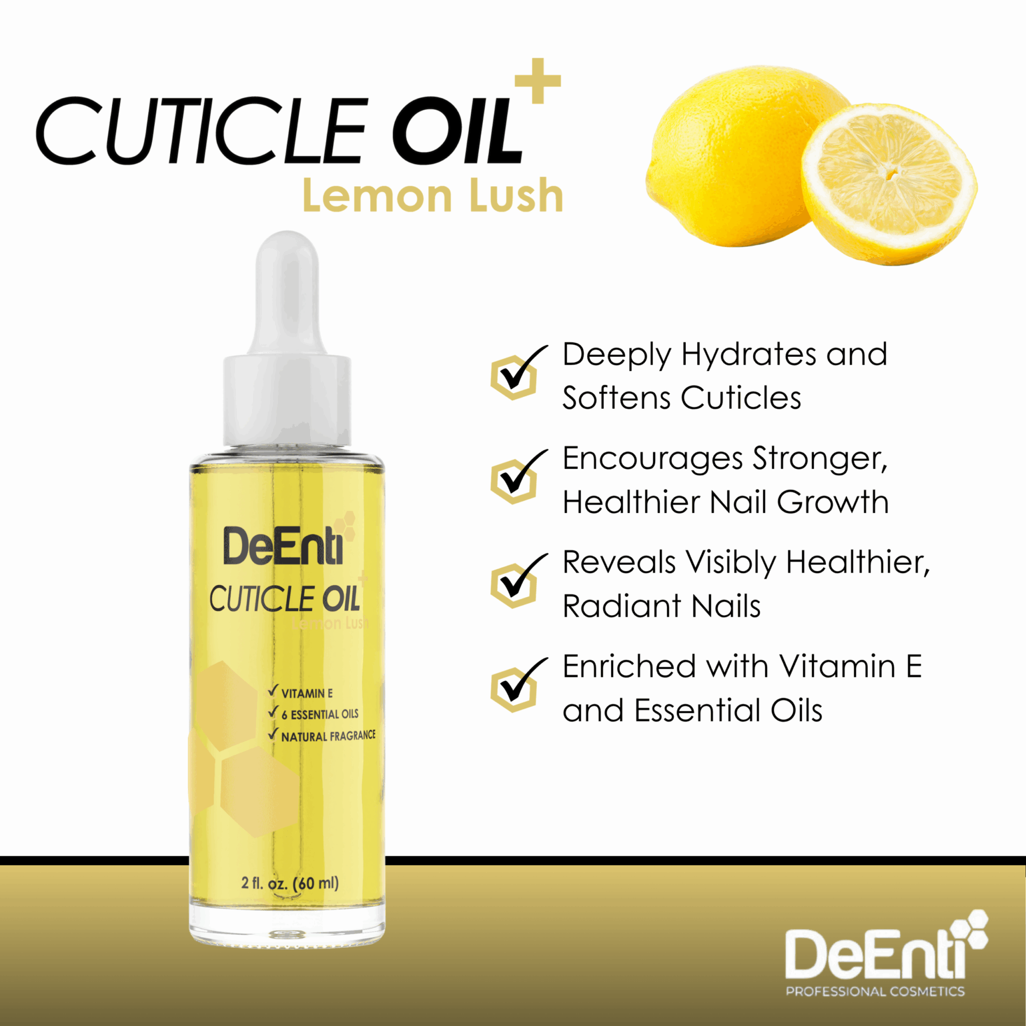 An infographic for DeEnti Lemon Lush Cuticle Oil highlighting four key benefits: Hydrates Cuticles, Promotes Nail Growth, Moisturizes to create healthy looking nails, and Made with Nourishing Ingredients.