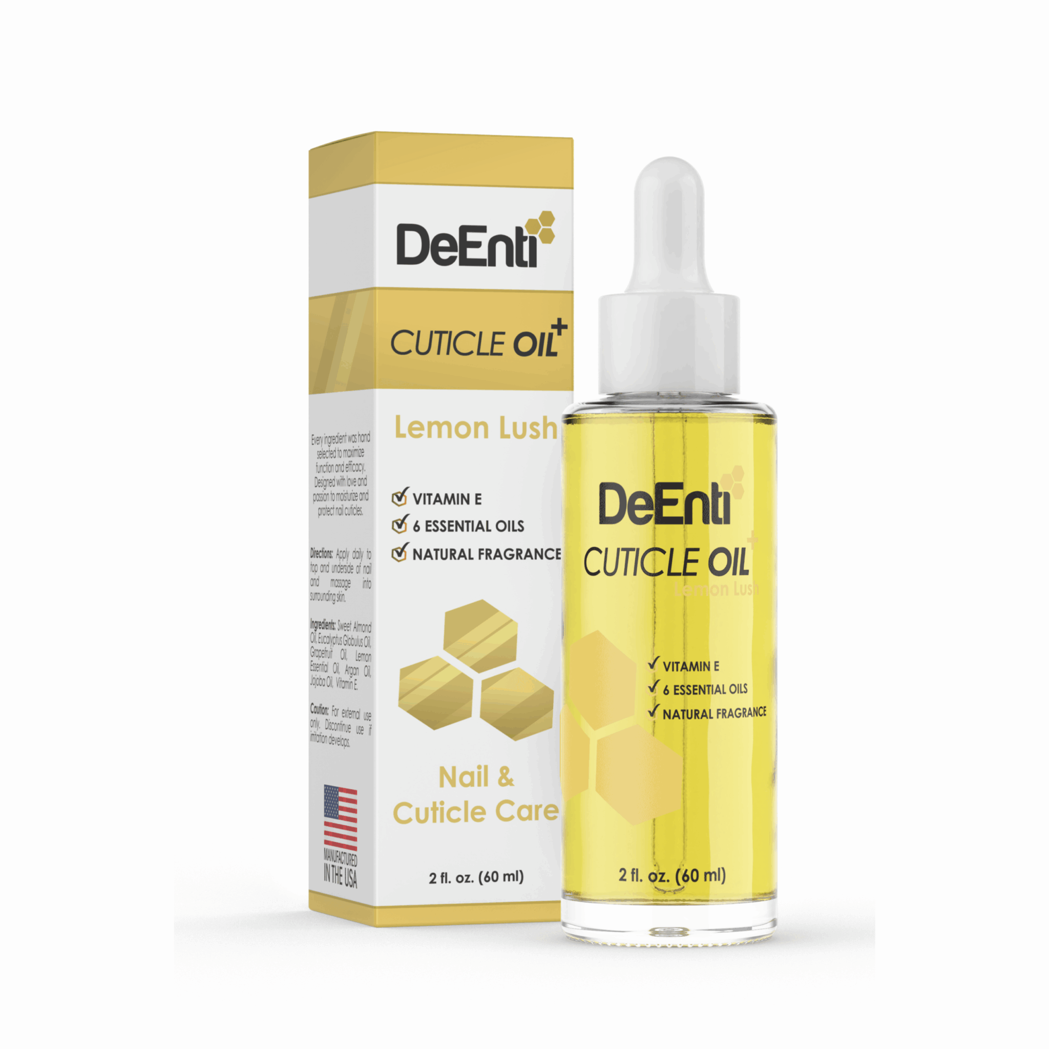 The complete DeEnti Lemon Lush Cuticle Oil product, showing the 2 oz bottle alongside its elegant yellow and white retail packaging box.